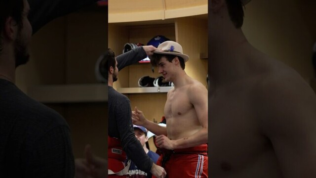 Matt Rempe gets the Broadway Hat 🎩 #mattrempe #igorshesterkin #nyrangers #broadwayhat #nhl #hockey