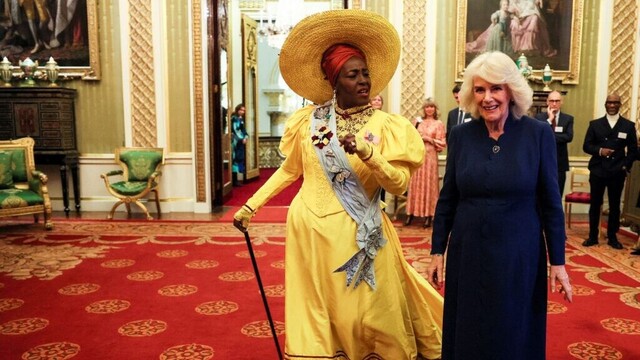 Queen Camilla wears her Fabergé sapphires to meet stars of the Crown and Prince Harry's pals for a National Theatre reception – but did she have her eyes on another diamond?