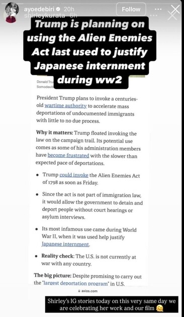 Ayo Edebiri boosts ‘Opus’ costume designer Shirley Kurata’s story about her grandfather’s internment during WWII, as Trump considers invoking the Alien Enemies Act