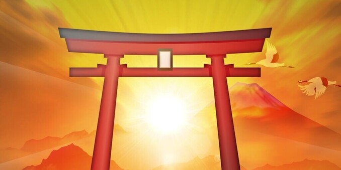 Torii gate with a mountain looming in the background and sun rays shining through