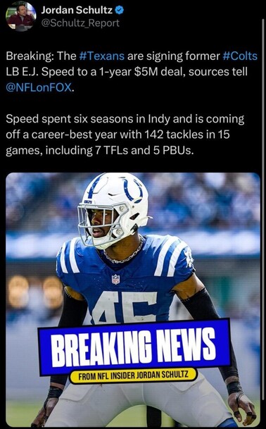 Texans sign former Colts LB E.J. Speed to a 1 yr deal