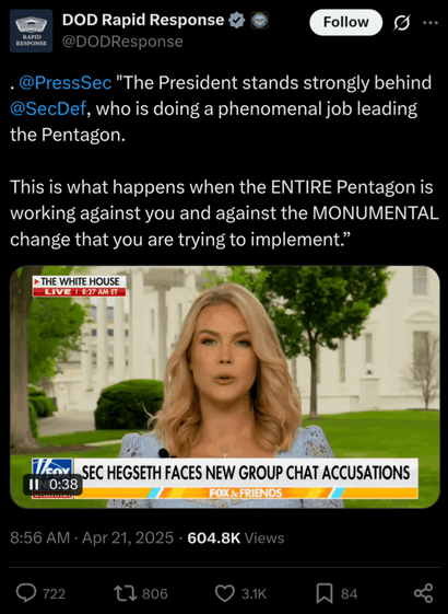 An official DOD account has declared that every single staffer in the Pentagon is engaged in a conspiracy against Hegseth.