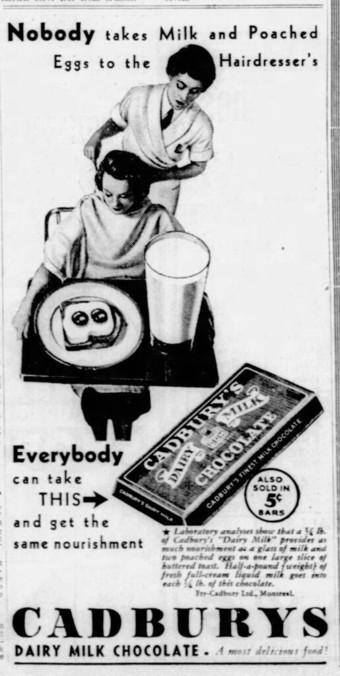 Nobody takes milk and poached eggs to the hairdresser's! Cadbury Dairy Milk (1937)