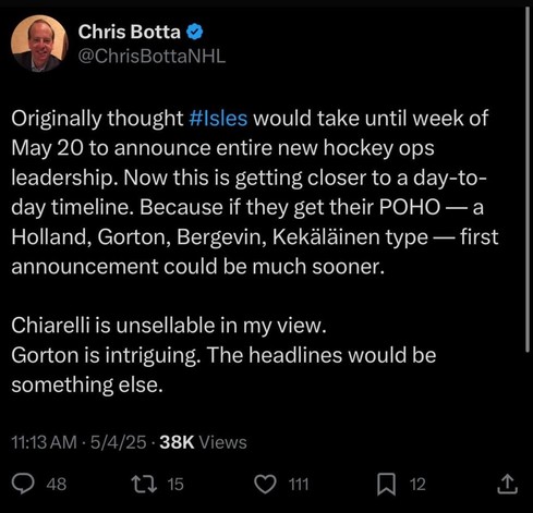 Sounds like we will have some news on a hire real soon. I like the approach of the POHO being hired first and then hiring the GM and the GM hiring his coaching staff