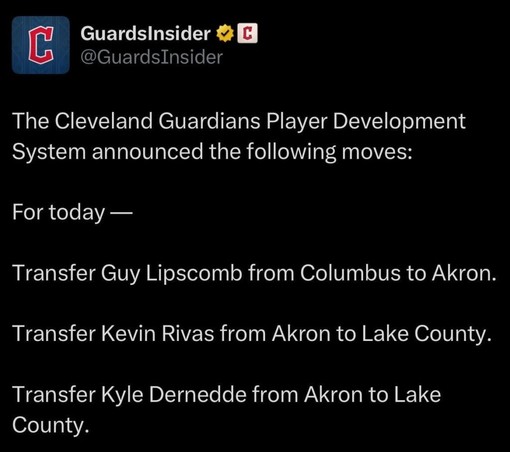 [GuardsInsider] *Guy Lipscomb sent from Columbus to Akron *Kevin Rivas and Kyle Dernedde sent from Akron to Lake County