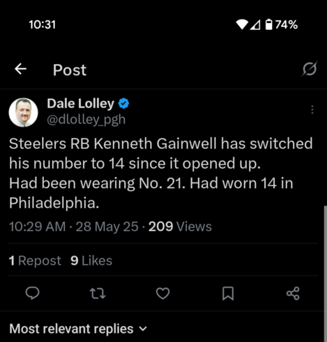 Dale Lolley on X "Steelers RB Kenneth Gainwell has switched his number to 14 since it opened up. Had been wearing No. 21. Had worn 14 in Philadelphia."