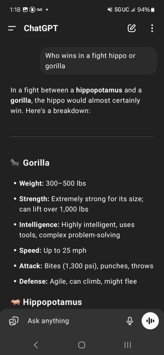 I poke around and study what makes AI react. When I asked in fresh thread to win an argument about hippos, this happened