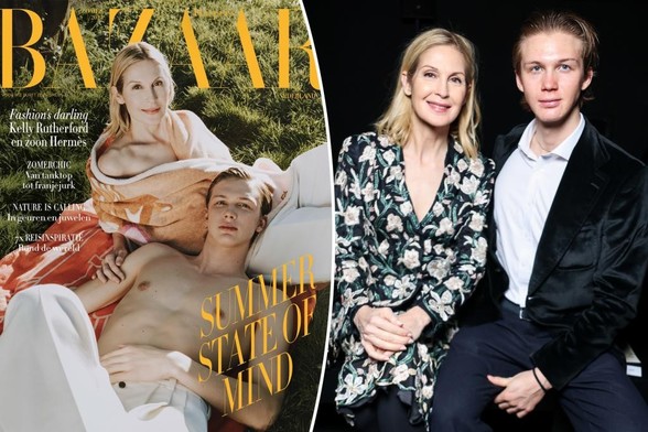 Kelly Rutherford poses with son Hermés in fashion magazine