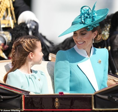 The Prince of Wales speaks with her daughter Princess Charlotte as the pair enjoy this year's Trooping the Colour