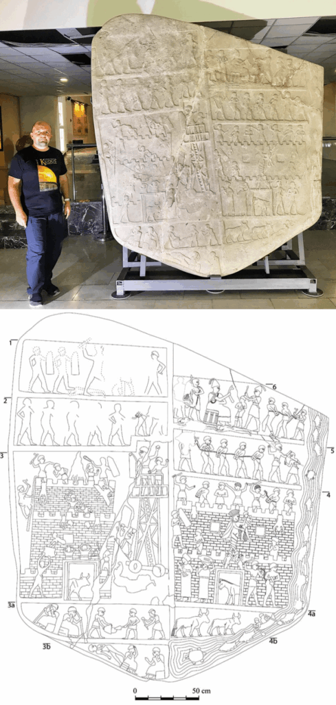 The 4000-year-old Harput relief, now housed at the Elazig City Museum in Turkey, was discovered by chance in 2016. This 4-ton limestone relief depicts the conquest of a fortress and the arrival of prisoners before the king [870x1821]
